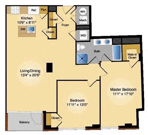 Floor plan for 2 beds, 1 bath, 1074 sqft
